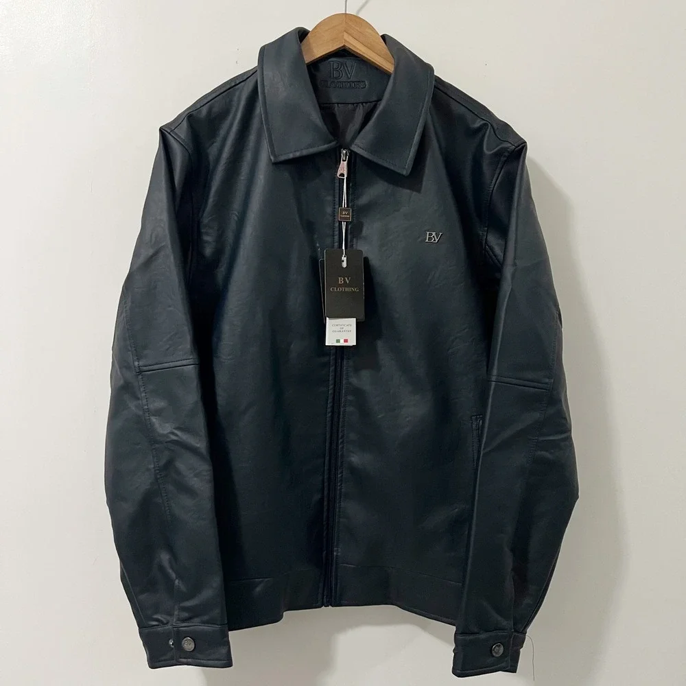 BV Clothing Mens Faux‎ Leather Jacket Black Full Zip Collared Size L